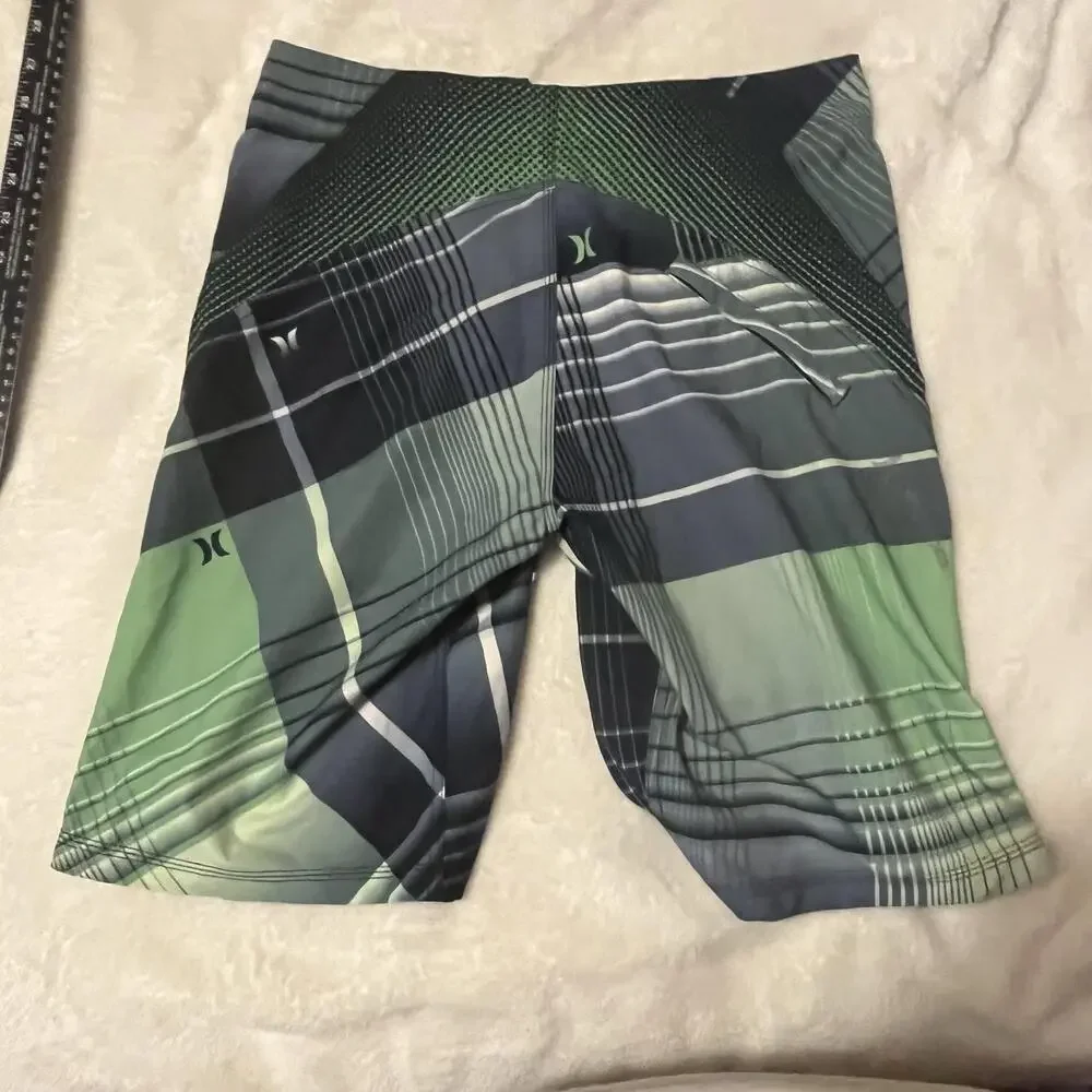 Hurley Board Shorts Mens Size 28 Green Plaid Polyester Microfiber Drawstring